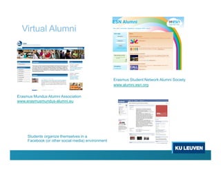 Virtual Alumni
Erasmus Mundus Alumni Association
www.erasmusmundus-alumni.eu
Erasmus Student Network Alumni Society
www.alumni.esn.org
Students organize themselves in a
Facebook (or other social media) environment
 