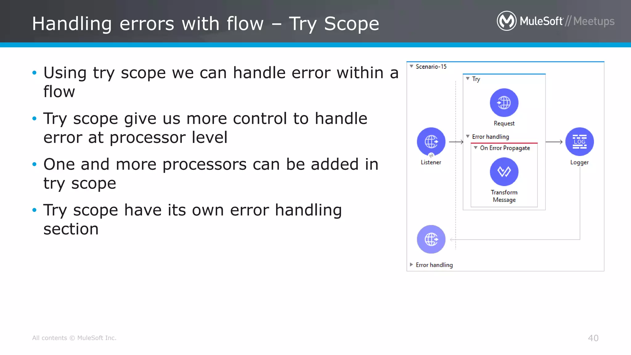 All contents © MuleSoft Inc.
Handling errors with flow – Try Scope
40
• Using try scope we can handle error within a
flow
• Try scope give us more control to handle
error at processor level
• One and more processors can be added in
try scope
• Try scope have its own error handling
section
 