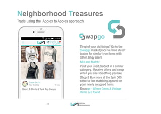 Neighborhood Treasures
Trade using the Apples to Apples approach
24
wapgo
Tired of your old things? Go to the
Swapgo marketplace to make direct
trades for similar type items with
other Zingy users
Mix and Match!
Post your used product in a similar
category. Receive offers and swap
when you see something you like.
Shop & Buy more at the Spin 360
store to find matching apparel for
your newly swapped items
Swapgo - Where Gems & Vintage
items are found
Direct T-Shirts & Tank Top Swaps
 