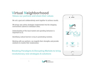Values our partners and share their values
We set a goal and collaboratively work together to achieve results.
VN brings new online strategies implemented into the shopping
environment catered to individual cities.
Understanding of the local market and spending behaviors is
important to us.
Identifying cultural barriers is key to penetrating markets.
Working with our partners, we magnify their strengths and provide
solutions to resolve their weaknesses.
Virtual Neighborhood
Breaking Paradigms & Disrupting Markets to bring
revolutionary new strategies & solutions
5
 