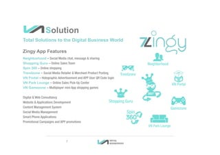 Solution
Neighborhood – Social Media chat, message & sharing
Shopping Guru – Online Sales Team
Spin 360 – Online shopping
Trendzone – Social Media Retailer & Merchant Product Posting
VN Portal – Holographic Advertisement and APP User QR Code login
VN Park Lounge – Online Sales Pick-Up Center
VN Gamezone – Multiplayer mini App shopping games
Digital & Web Consultancy
Website & Applications Development
Content Management System
Social Media Management
Smart Phone Applications
Promotional Campaigns and APP promotions
Total Solutions to the Digital Business World
Zingy App Features
7
 