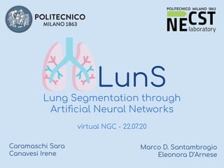 LunS
Lung Segmentation through
Artiﬁcial Neural Networks
virtual NGC - 22.07.20
Caramaschi Sara
Canavesi Irene
Marco D. Santambrogio
Eleonora D’Arnese
 