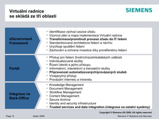 Virtuální radnice se skládá ze tří  oblast í eGovernment Framework Port á l Integrace na  Back-Office  Knowledge Management Document Management Workflow Management Content Management Secure Archive Identity and security infrastructure Trusted services and data integration  (integrace na ostatní systémy) Přístup pro řešení životních/podnikatelských událostí Individualizované služby Řízení identit a jejího přístupu Informativní, interaktivní a transakční služby Připravenost automatizovaných/provázaných služeb Vícejazyčný přístup Provázání internetu a intranetu Identifikace výchozí pozice úřadu Vzorový plán a mapa implementace Virtuální radnice Transformace/promítnutí procesů úřadu do IT řešení Standardizovaná architektura řešení a návrhu Urychluje spuštění řešení Zachování a ochrana investice díky prověřenému řešení 