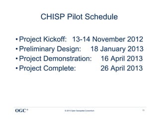 CHISP Pilot Schedule

• Project Kickoff: 13-14 November 2012
• Preliminary Design: 18 January 2013
• Project Demonstration: 16 April 2013
• Project Complete:        26 April 2013




OGC ®          © 2013 Open Geospatial Consortium   13
 