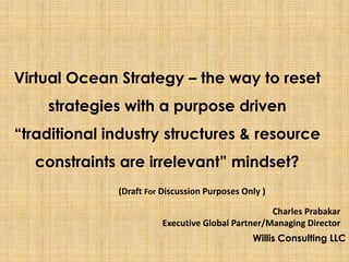 Virtual Ocean Strategy – the way to reset
    strategies with a purpose driven
“traditional industry structures & resource
  constraints are irrelevant” mindset?
              (Draft For Discussion Purposes Only )

                                                   Charles Prabakar
                         Executive Global Partner/Managing Director
                                               Willis Consulting LLC
 