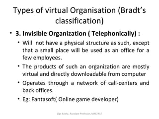 Types of virtual Organisation (Bradt’s
classification)
• 3. Invisible Organization ( Telephonically) :
• Will not have a physical structure as such, except
that a small place will be used as an office for a
few employees.
• The products of such an organization are mostly
virtual and directly downloadable from computer
• Operates through a network of call-centers and
back offices.
• Eg: Fantasoft( Online game developer)
Ligo Koshy, Assistant Professor, MACFAST
 