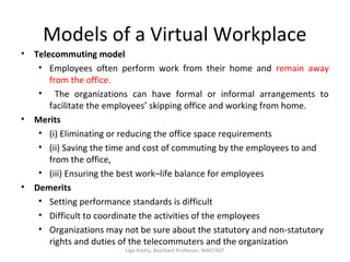 Models of a Virtual Workplace
• Telecommuting model
• Employees often perform work from their home and remain away
from the office.
• The organizations can have formal or informal arrangements to
facilitate the employees’ skipping office and working from home.
• Merits
• (i) Eliminating or reducing the office space requirements
• (ii) Saving the time and cost of commuting by the employees to and
from the office,
• (iii) Ensuring the best work–life balance for employees
• Demerits
• Setting performance standards is difficult
• Difficult to coordinate the activities of the employees
• Organizations may not be sure about the statutory and non-statutory
rights and duties of the telecommuters and the organization
Ligo Koshy, Assistant Professor, MACFAST
 