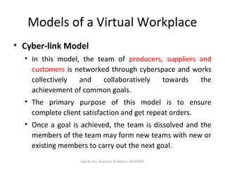 Models of a Virtual Workplace
• Cyber-link Model
• In this model, the team of producers, suppliers and
customers is networked through cyberspace and works
collectively and collaboratively towards the
achievement of common goals.
• The primary purpose of this model is to ensure
complete client satisfaction and get repeat orders.
• Once a goal is achieved, the team is dissolved and the
members of the team may form new teams with new or
existing members to carry out the next goal.
Ligo Koshy, Assistant Professor, MACFAST
 