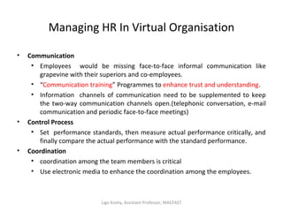 Managing HR In Virtual Organisation
• Communication
• Employees would be missing face-to-face informal communication like
grapevine with their superiors and co-employees.
• “Communication training” Programmes to enhance trust and understanding.
• Information channels of communication need to be supplemented to keep
the two-way communication channels open.(telephonic conversation, e-mail
communication and periodic face-to-face meetings)
• Control Process
• Set performance standards, then measure actual performance critically, and
finally compare the actual performance with the standard performance.
• Coordination
• coordination among the team members is critical
• Use electronic media to enhance the coordination among the employees.
Ligo Koshy, Assistant Professor, MACFAST
 