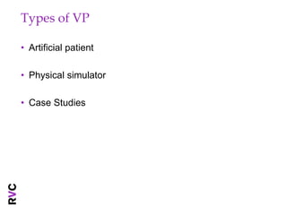Types of VP

• Artificial patient

• Physical simulator

• Case Studies
 