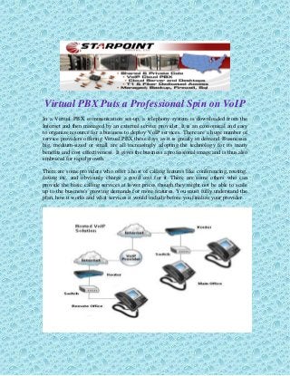Virtual PBX Puts a Professional Spin on VoIP 
In a Virtual PBX communication set-up, a telephony system is downloaded from the Internet and then managed by an external service provider. It is an economical and easy to organize resource for a business to deploy VoIP services. There are a huge number of service providers offering Virtual PBX these days as it is greatly in demand. Businesses big, medium-sized or small are all increasingly adopting the technology for its many benefits and cost effectiveness. It gives the business a professional image and is thus also embraced for rapid growth. 
There are some providers who offer a host of calling features like conferencing, routing, faxing etc. and obviously charge a good cost for it. There are some others who can provide the basic calling services at lower prices though they might not be able to scale up to the business's growing demands for more features. You must fully understand the plan, how it works and what services it would include before you finalize your provider. 
 