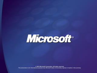 © 2003 Microsoft Corporation. All rights reserved.
This presentation is for informational purposes only. Microsoft makes no warranties, express or implied, in this summary.
 
