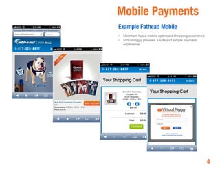 Mobile Payments
Example Fathead Mobile
•	 Merchant has a mobile optimized shopping experience
•	 Virtual Piggy provides a ...