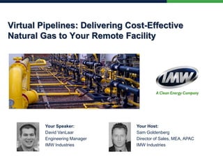 Virtual Pipelines: Delivering Cost-Effective
Natural Gas to Your Remote Facility
Your Speaker:
David VanLaar
Engineering Manager
IMW Industries
Your Host:
Sam Goldenberg
Director of Sales, MEA, APAC
IMW Industries
 