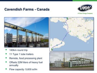 Cavendish Farms - Canada
 140km round trip
 11 Type 1 tube trailers
 Remote, food processing plant
 Offsets 22M liters of heavy fuel
annually
 Flow capacity: 5,600 scfm
 