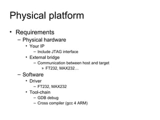 Physical platform Requirements Physical hardware Your IP Include JTAG interface External bridge Communication between host and target FT232, MAX232… Software Driver FT232, MAX232 Tool-chain GDB debug Cross compiler (gcc 4 ARM) 