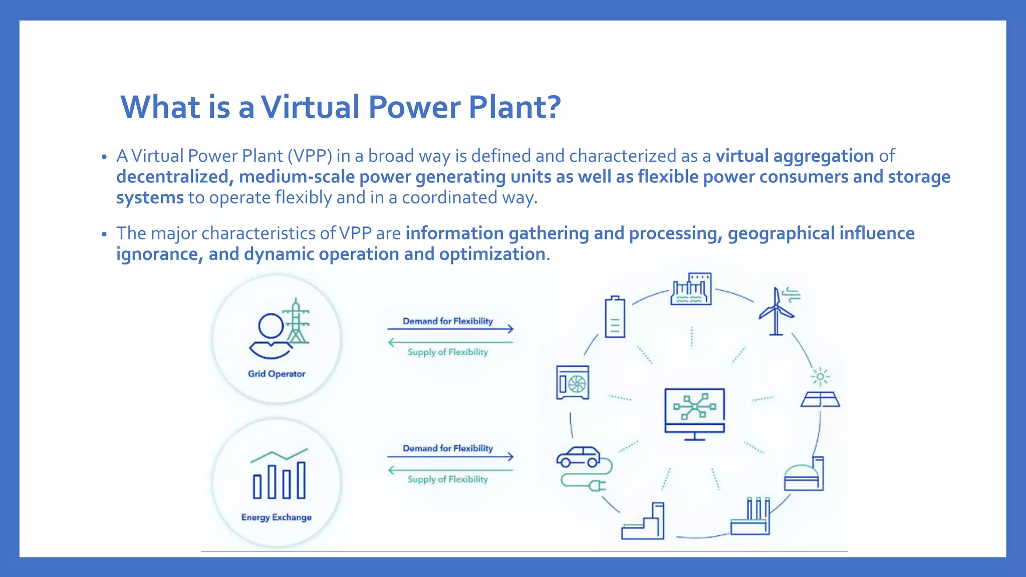 What is aVirtual Power Plant?
• AVirtual Power Plant (VPP) in a broad way is defined and characterized as a virtual aggregation of
decentralized, medium-scale power generating units as well as flexible power consumers and storage
systems to operate flexibly and in a coordinated way.
• The major characteristics ofVPP are information gathering and processing, geographical influence
ignorance, and dynamic operation and optimization.
 