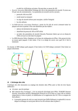 et subit les vérifications suivantes. On peut donc se passer de AH.
• Security Assocation (SA) définit l'échange des clés et des paramètres de sécurité. Il existe une
SA par sens de communication. Les paramètres de sécurité sont les suivants :
• protocole AH et/ou ESP
• mode tunnel ou transport
• les algo de sécurité utiliser pour encrypter, vérifier l'intégrité
• les clés utilisées
• La SAD (Security Association Database) stocke les SA afin de savoir comment traiter les
paquets arrivant ou partant. Elles sont identifiées par des triplets :
• adresse de destination des paquets
• identifiant du protocole AH ou ESP utilisé
• un index des paramètres de sécurité (Security Parameter Index) qui est un champ de
32bits envoyer en clair dans les paquets
• La SPD (Security Policy Database) est la base de configuration de IPSec. Elle permet de dire
au noyau quels paquets il doit traiter. C'est à sa charge de savoir avec quel SA il fait le
traitement.
En résumé, le SPD indique quels paquets il faut traiter et le SAD indique comment il faut traiter un
paquet sélectionné.
iii. L'échange des clés
L'échanges des clés nécessaires au cryptage des données dans IPSec peut se faire de trois façons
différentes :
● à la main : pas très pratique
● IKE (Internet Key Exchange) : c'est un protocole développé pour IPSec. ISAKMP (Internet
Security Association and Key Management Protocol) en est la base et a pour rôle la création
(négociation et mise en place), la modification et la suppression des SA. Elle se compose de
deux phases :
 la première permet de créer un canal sécurisé (par Diffie-Hellman) et authentifié à travers
duquel on échange un secret pour dériver les clés utilisées dans la phase 2.
 