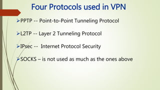 Four Protocols used in VPN
PPTP -- Point-to-Point Tunneling Protocol
L2TP -- Layer 2 Tunneling Protocol
IPsec -- Internet Protocol Security
SOCKS – is not used as much as the ones above
 