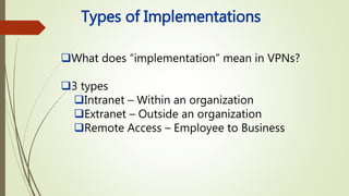 Types of Implementations
What does “implementation” mean in VPNs?
3 types
Intranet – Within an organization
Extranet – Outside an organization
Remote Access – Employee to Business
 