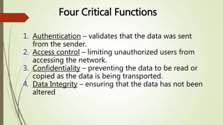 1. Authentication – validates that the data was sent
from the sender.
2. Access control – limiting unauthorized users from
accessing the network.
3. Confidentiality – preventing the data to be read or
copied as the data is being transported.
4. Data Integrity – ensuring that the data has not been
altered
Four Critical Functions
 