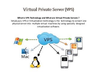 What is VPS Technology and What are Virtual Private Servers ?
Simply put, VPS or Virtualization technology is the technology to convert one
physical server into multiple virtual machines by using specially designed
virtualization software.
 