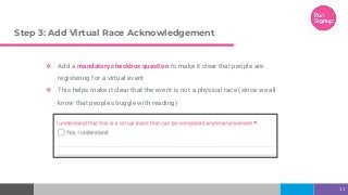 Step 3: Add Virtual Race Acknowledgement
❖ Add a mandatory checkbox question to make it clear that people are
registering for a virtual event
❖ This helps make it clear that the event is not a physical race (since we all
know that people struggle with reading)
11
 
