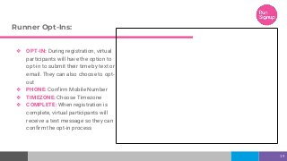 Runner Opt-Ins:
❖ OPT-IN: During registration, virtual
participants will have the option to
opt-in to submit their time by text or
email. They can also choose to opt-
out
❖ PHONE: Confirm Mobile Number
❖ TIMEZONE: Choose Timezone
❖ COMPLETE: When registration is
complete, virtual participants will
receive a text message so they can
confirm the opt-in process
19
 
