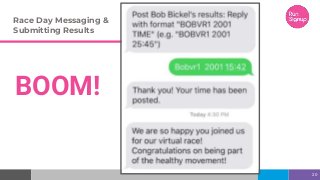 Race Day Messaging &
Submitting Results
BOOM!
20
 