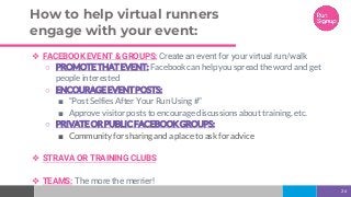 How to help virtual runners
engage with your event:
❖ FACEBOOK EVENT & GROUPS: Create an event for your virtual run/walk
○ PROMOTE THAT EVENT: Facebook can help you spread the word and get
people interested
○ ENCOURAGE EVENT POSTS:
■ “Post Selfies After Your Run Using #”
■ Approve visitor posts to encourage discussions about training, etc.
○ PRIVATE OR PUBLIC FACEBOOK GROUPS:
■ Community for sharing and a place to ask for advice
❖ STRAVA OR TRAINING CLUBS
❖ TEAMS: The more the merrier!
26
 