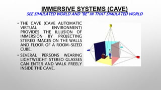 IMMERSIVE SYSTEMS (CAVE) 
SEE SIMULATED WORLD AND "BE" IN THAT SIMULATED WORLD 
• THE CAVE (CAVE AUTOMATIC 
VIRTUAL ENVIRONMENT) 
PROVIDES THE ILLUSION OF 
IMMERSION BY PROJECTING 
STEREO IMAGES ON THE WALLS 
AND FLOOR OF A ROOM-SIZED 
CUBE. 
• SEVERAL PERSONS WEARING 
LIGHTWEIGHT STEREO GLASSES 
CAN ENTER AND WALK FREELY 
INSIDE THE CAVE. 
 