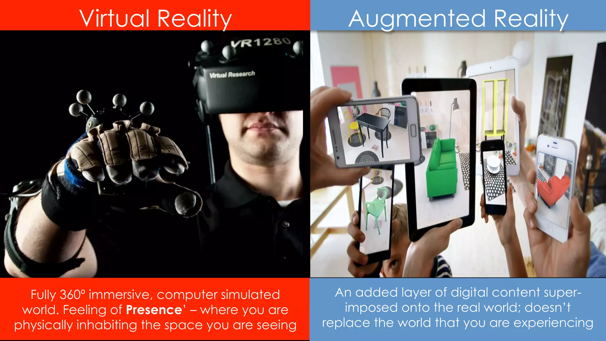 Fully 360º immersive, computer simulated
world. Feeling of Presence’ – where you are
physically inhabiting the space you are seeing 10
An added layer of digital content super-
imposed onto the real world; doesn’t
replace the world that you are experiencing
Virtual Reality Augmented Reality
 