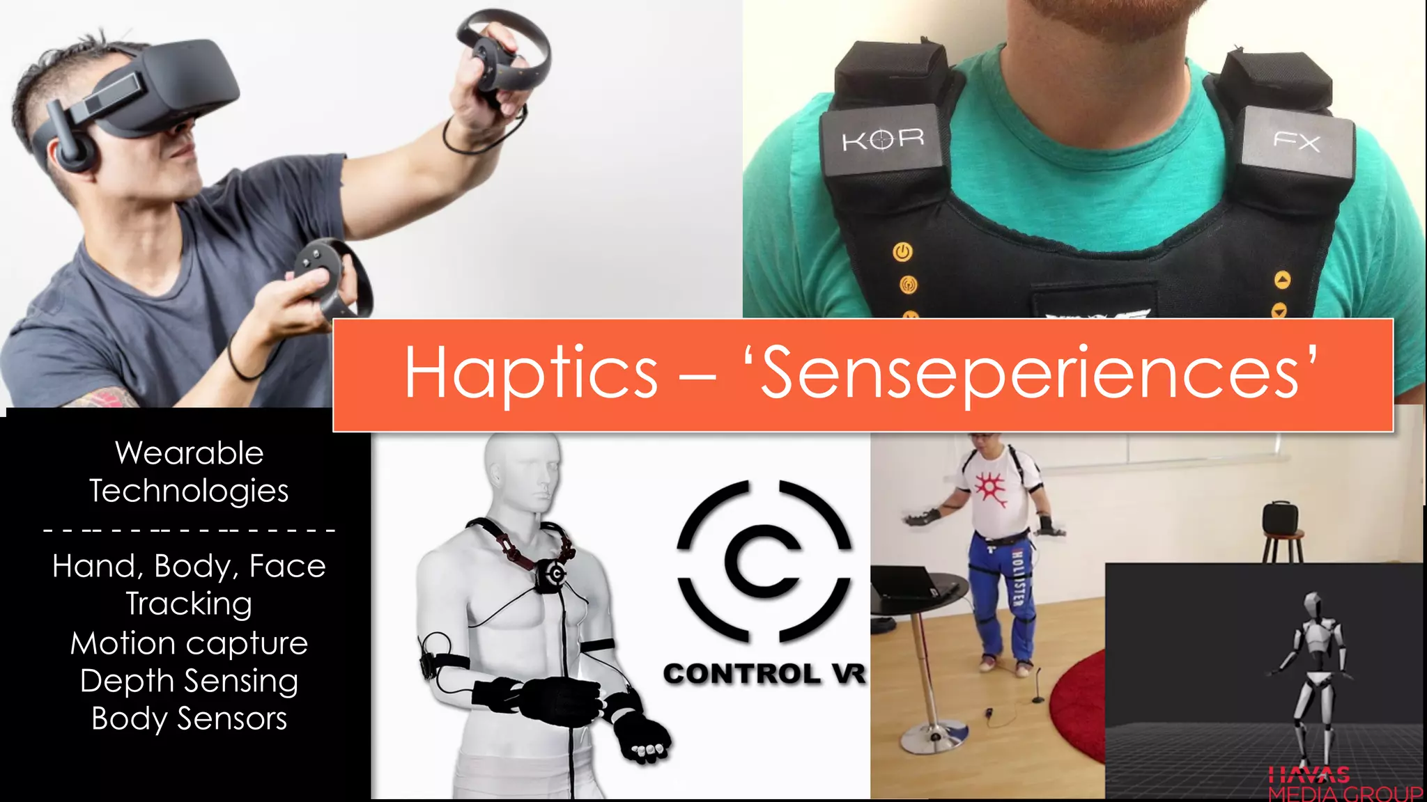 Wearable
Technologies
- - -- - - -- - - -- - - - - -
Hand, Body, Face
Tracking
Motion capture
Depth Sensing
Body Sensors
Haptics – ‘Senseperiences’
41	
  
 