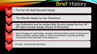 1960
• The first VR Head Mounted Display
1965
• The Ultimate display by Ivan Sutherland
1968
• Ivan Sutherland and his student Bob Sproull created the first VR /
AR head mounted display (Sword of Damocles)
Brief History
1969
• Myron Kruegere a virtual reality computer artist developed a series of experiences
which he termed “artificial reality” in which he developed computer-generated
environments that responded to the people in it
1991
• Virtuality Group Arcade Machines
 