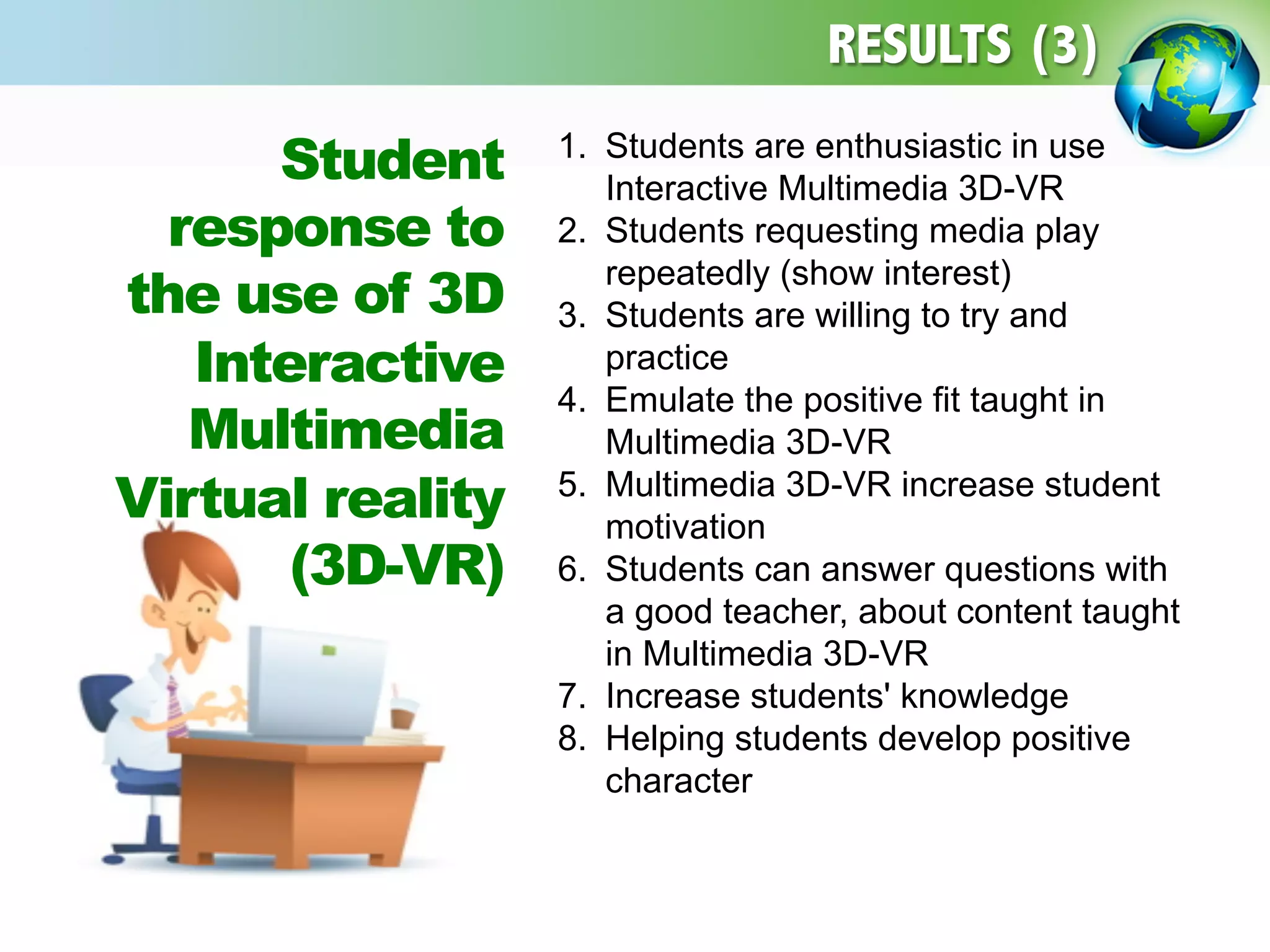 1.  Students are enthusiastic in use
Interactive Multimedia 3D-VR
2.  Students requesting media play
repeatedly (show interest)
3.  Students are willing to try and
practice
4.  Emulate the positive fit taught in
Multimedia 3D-VR
5.  Multimedia 3D-VR increase student
motivation
6.  Students can answer questions with
a good teacher, about content taught
in Multimedia 3D-VR
7.  Increase students' knowledge
8.  Helping students develop positive
character
RESULTS (3)
Student
response to
the use of 3D
Interactive
Multimedia
Virtual reality
(3D-VR)	
  
 