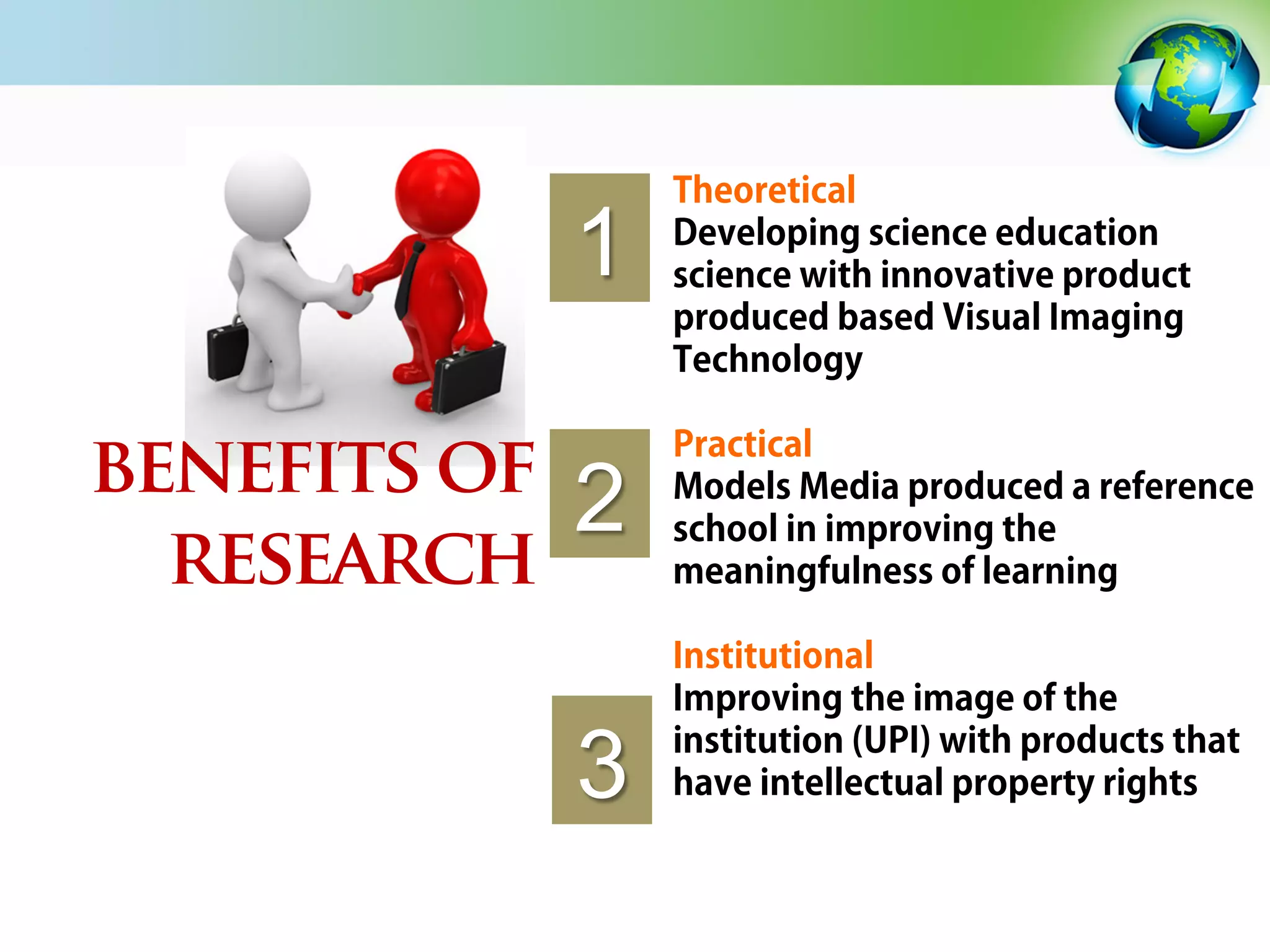 benefits of
research
Theoretical
Developing science education
science with innovative product
produced based Visual Imaging
Technology
Practical
Models Media produced a reference
school in improving the
meaningfulness of learning
Institutional
Improving the image of the
institution (UPI) with products that
have intellectual property rights
1
2
3
 