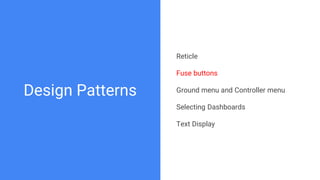 Design Patterns
Reticle
Fuse buttons
Ground menu and Controller menu
Selecting Dashboards
Text Display
 