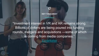 KEY TAKEAWAY
“Investment interest in VR and AR remains strong.
Billions of dollars are being poured into funding
rounds, mergers and acquisitions —some of which
is coming from media companies.”
Emarketer
 