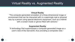 The Seven Steps to Successful Persona Creation
Virtual Reality vs. Augmented Reality
Virtual Reality
“The computer-generated simulation of a three-dimensional image or
environment that can be interacted with in a seemingly real or physical
way by a person using special electronic equipment, such as a helmet
with a screen inside or gloves fitted with sensors.”
Augmented Reality
“A technology that superimposes a computer-generated image on a
user's view of the real world, thus providing a composite view.”
 