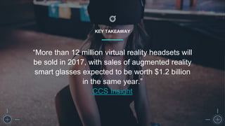 KEY TAKEAWAY
“More than 12 million virtual reality headsets will
be sold in 2017, with sales of augmented reality
smart glasses expected to be worth $1.2 billion
in the same year.”
CCS Insight
 