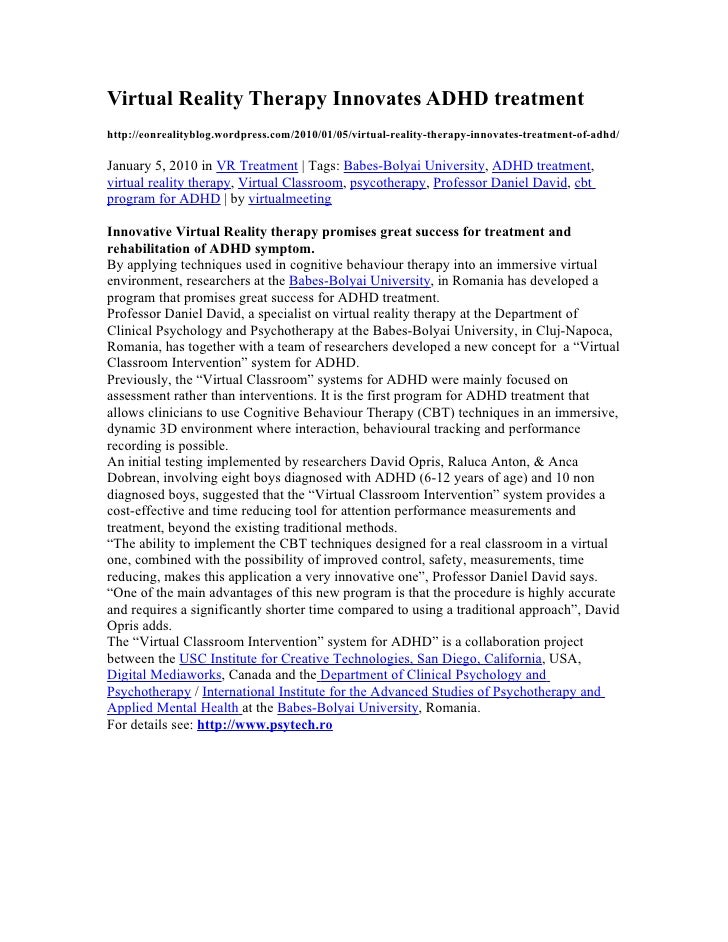 Virtual reality therapy innovates adhd