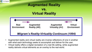 Augmented Reality
vs.
Virtual Reality
• Augmented reality and virtual reality are inverse reflections of one in another
with what each technology seeks to accomplish and deliver for the user.
• Virtual reality offers a digital recreation of a real life setting, while augmented
reality delivers virtual elements as an overlay to the real world.
 