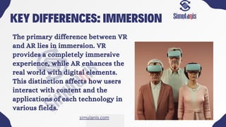 KEY DIFFERENCES: IMMERSION
The primary difference between VR
and AR lies in immersion. VR
provides a completely immersive
experience, while AR enhances the
real world with digital elements.
This distinction affects how users
interact with content and the
applications of each technology in
various fields.
simulanis.com
 