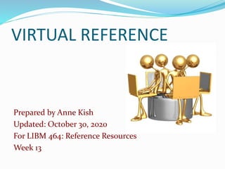 VIRTUAL REFERENCE
Prepared by Anne Kish
Updated: October 30, 2020
For LIBM 464: Reference Resources
Week 13
 