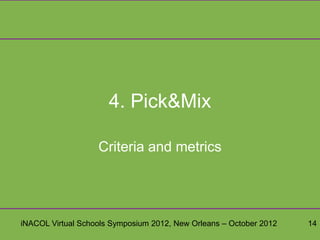 4. Pick&Mix

                   Criteria and metrics




iNACOL Virtual Schools Symposium 2012, New Orleans – October 2012   14
 