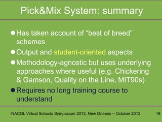 Pick&Mix System: summary

Has taken account of “best of breed”
 schemes
Output and student-oriented aspects
Methodology-agnostic but uses underlying
 approaches where useful (e.g. Chickering
 & Gamson, Quality on the Line, MIT90s)
Requires no long training course to
 understand
iNACOL Virtual Schools Symposium 2012, New Orleans – October 2012   18
 