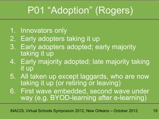 P01 “Adoption” (Rogers)
1. Innovators only
2. Early adopters taking it up
3. Early adopters adopted; early majority
   taking it up
4. Early majority adopted; late majority taking
   it up
5. All taken up except laggards, who are now
   taking it up (or retiring or leaving)
6. First wave embedded, second wave under
   way (e.g. BYOD-learning after e-learning)
iNACOL Virtual Schools Symposium 2012, New Orleans – October 2012   19
 
