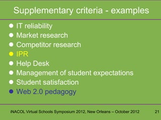 Supplementary criteria - examples
   IT reliability
   Market research
   Competitor research
   IPR
   Help Desk
   Management of student expectations
   Student satisfaction
   Web 2.0 pedagogy

iNACOL Virtual Schools Symposium 2012, New Orleans – October 2012   21
 