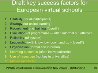 Draft key success factors for
        European virtual schools
1.    Usability (for all participants)
2.    Strategy (for online learning)
3.    Recruitment and training (fused?)
4.    Evaluation (of programmes) – often informal but effective
5.    Reliability (of system)
6.    Leadership (with knowhow, down and up – fused?)
7.    Organisation (formal and informal)
8.    Learning outcomes (often individualised)d
9.    Use of resources (not key in universities)
10.   Market research?

 iNACOL Virtual Schools Symposium 2012, New Orleans – October 2012   26
 