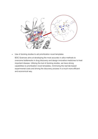  Use of docking studies to aid prioritization novel templates
BOC Sciences aims at developing the most accurate in silico methods to
overcome bottlenecks in drug discovery and design innovative medicines to treat
important disease. Utilizing the tool of docking studies, we have strong
capabilities to prioritization novel templates, minimizing the real lab-based
experimental costs and driving the discovery process in a much more efficient
and economical way.
 